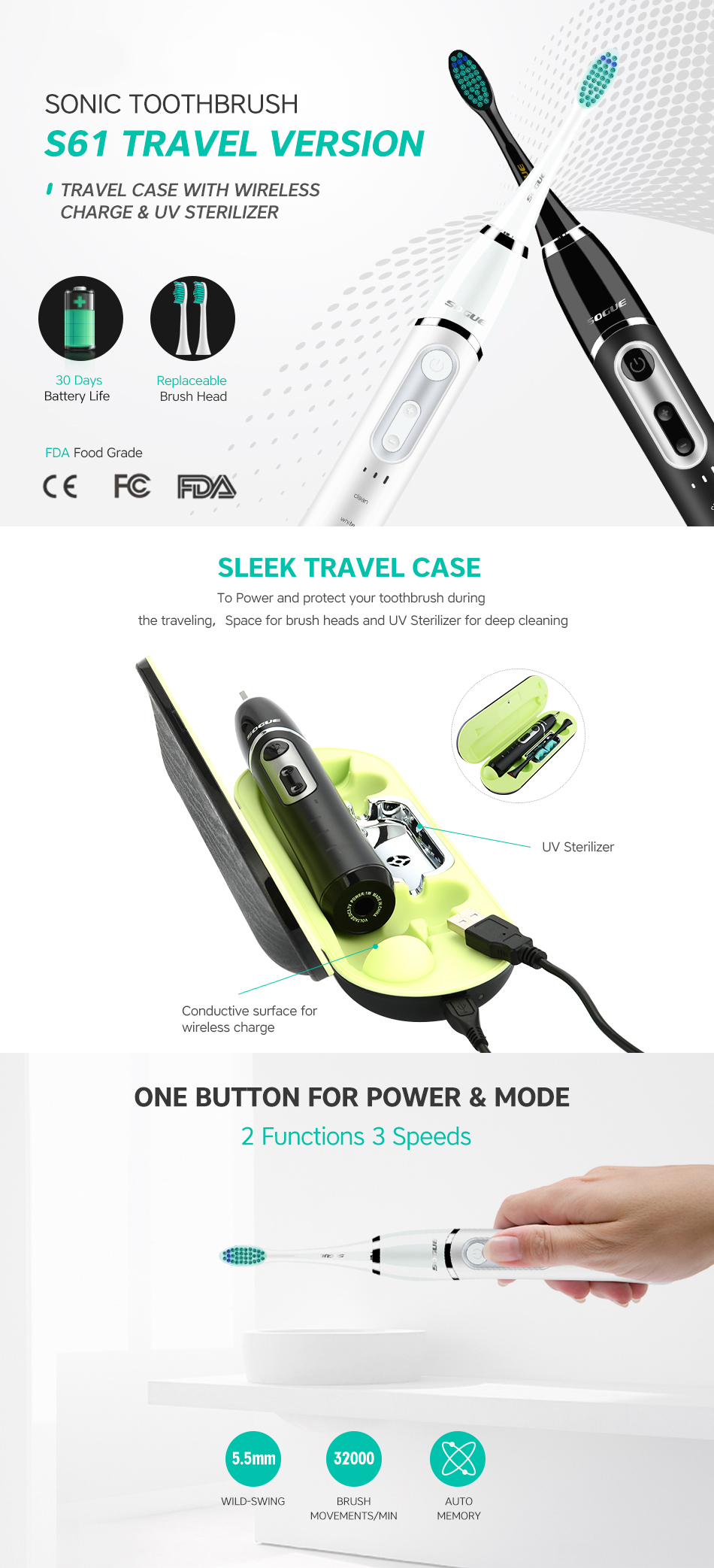 Electric Toothbrush with UV Sterilizer Travel Case